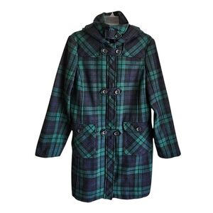 Vintage Lands End Wool Blend Duffle Coat Women L/XL Navy Green Tartan Plaid Hood